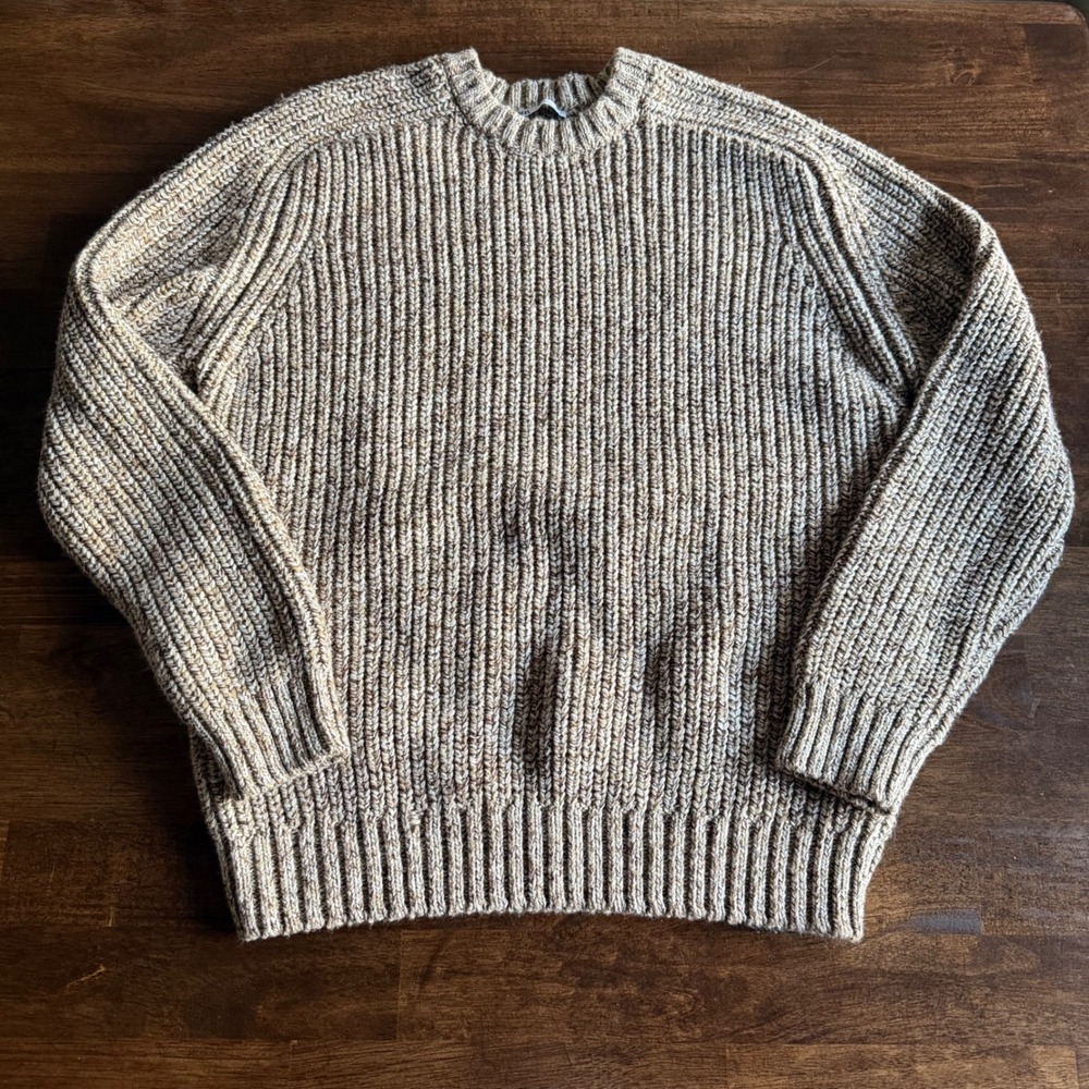 Zara Man Brown Marled Ribbed Knit Sweater Crew Neck Large Raglan Pullover